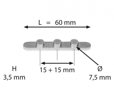 Passfeder mit 3 Stiften Abstand 15+15, L: 60 mm, H: 3,5 mm Stifte DN 7,4