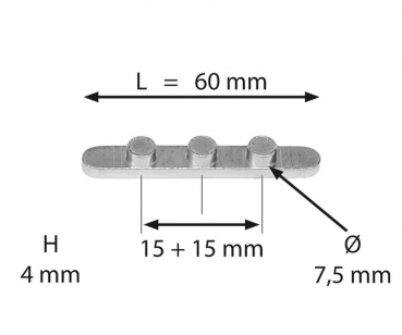Passfeder mit 3 Stiften Abstand 15+15, L: 60 mm, H: 4,0 mm Stifte DN 7,4